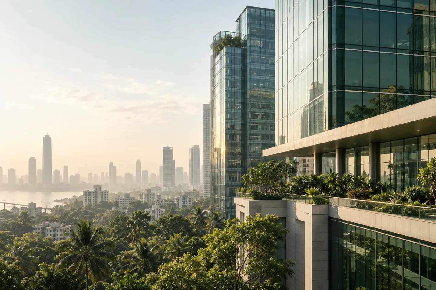 Illustrative Mumbai-inspired commercial architecture in soft morning light