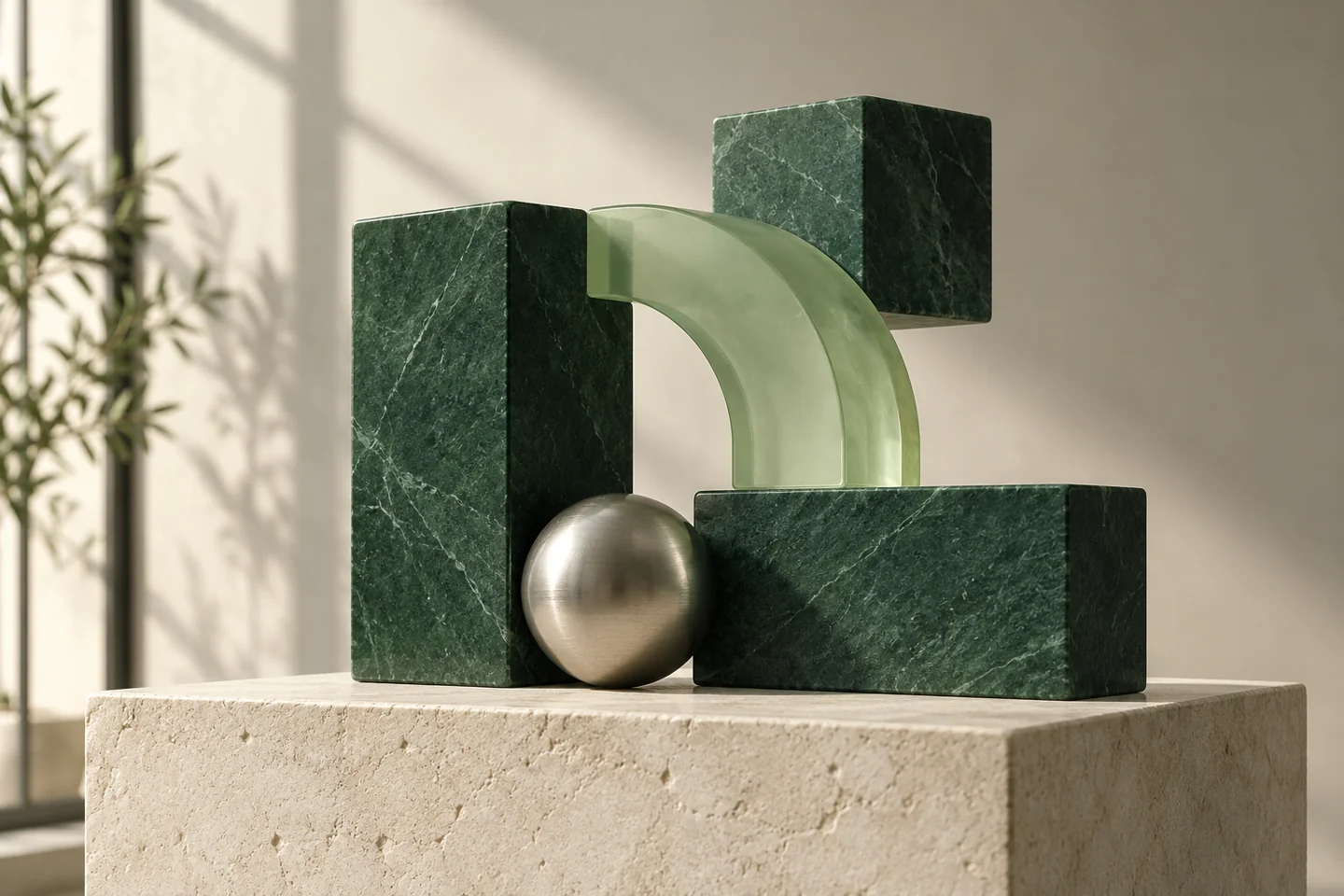 Sculptural green stone and glass forms expressing structure and balance