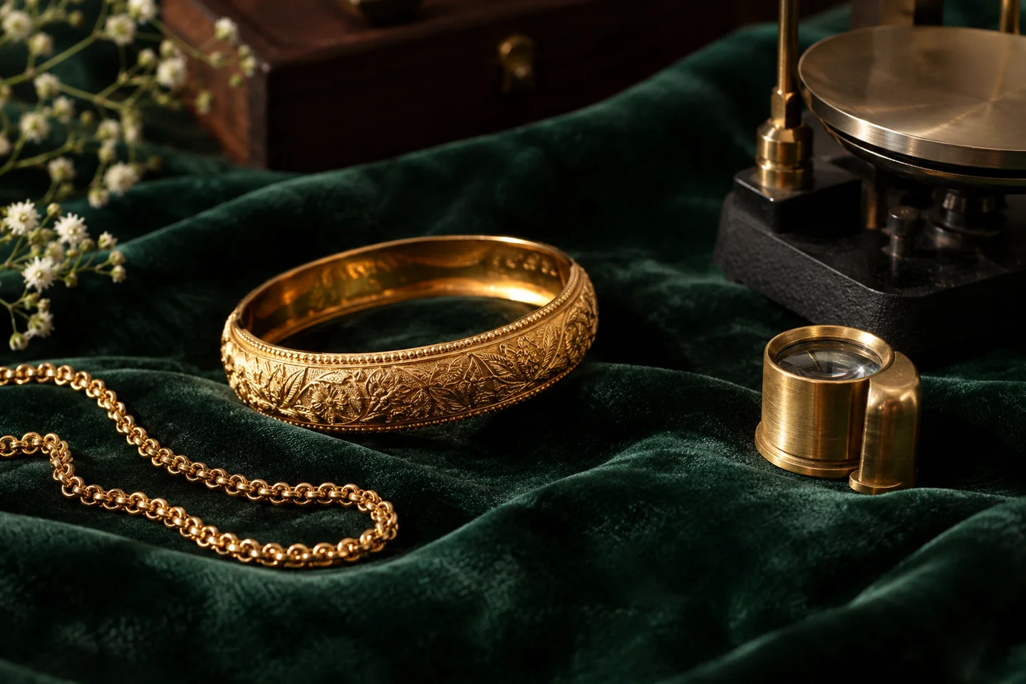 Crafted gold jewellery and a loupe on forest-green velvet