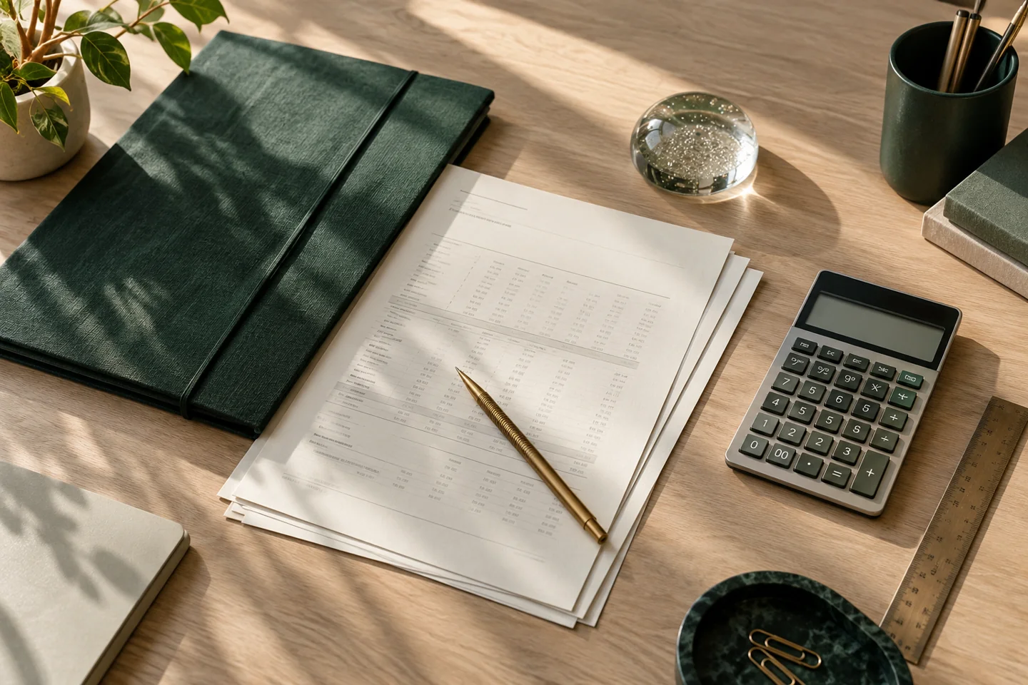 Green folio, calculator and organised financial working papers